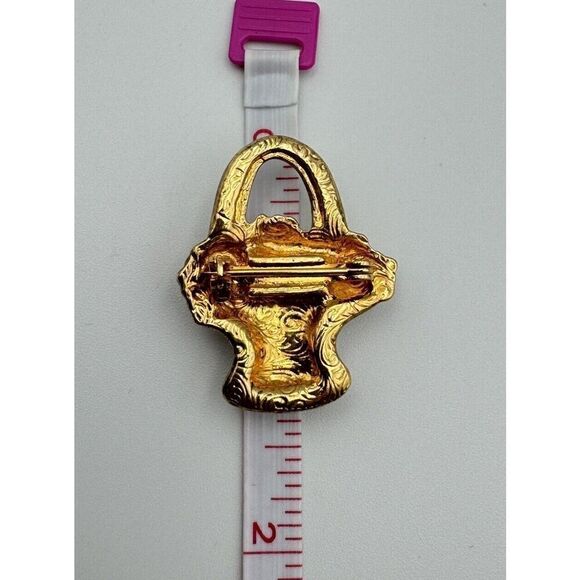 1928 Flower Basket Brooch Enamel Iridescent Crystals Porcelain Gold Tone Vintage - Picture 6 of 7